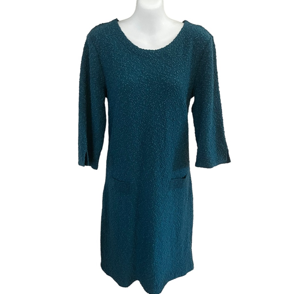 Biana Teal Boucle fine merino wool shift dress 3/4 sleeve front panel pockets 8